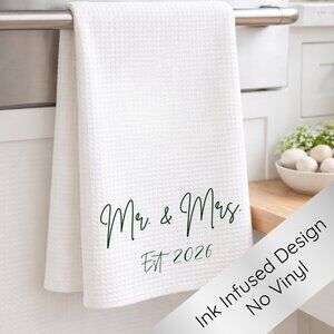 White Tea Towel, Kitchen Towel Mr. & Mrs.